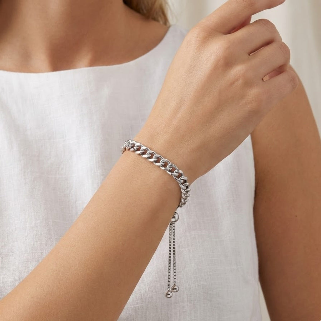 Curb Chain Bolo Bracelet Rhodium Plated 925 Silver Italy Adjustable 9.5in