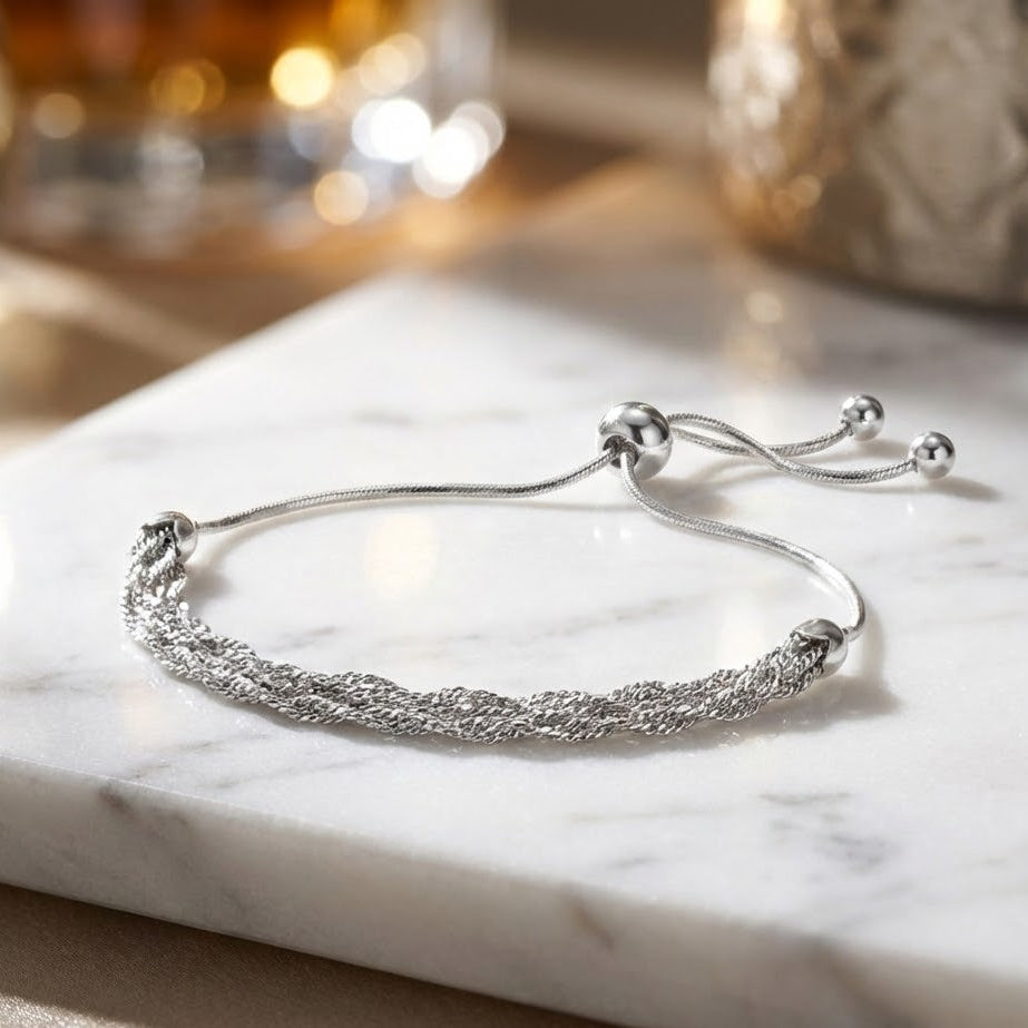 Sterling Silver Rhodium Plated Six Strand Chain Bolo Bracelet, Adjustable Singapore Chain, 9 Inch, Made in Italy