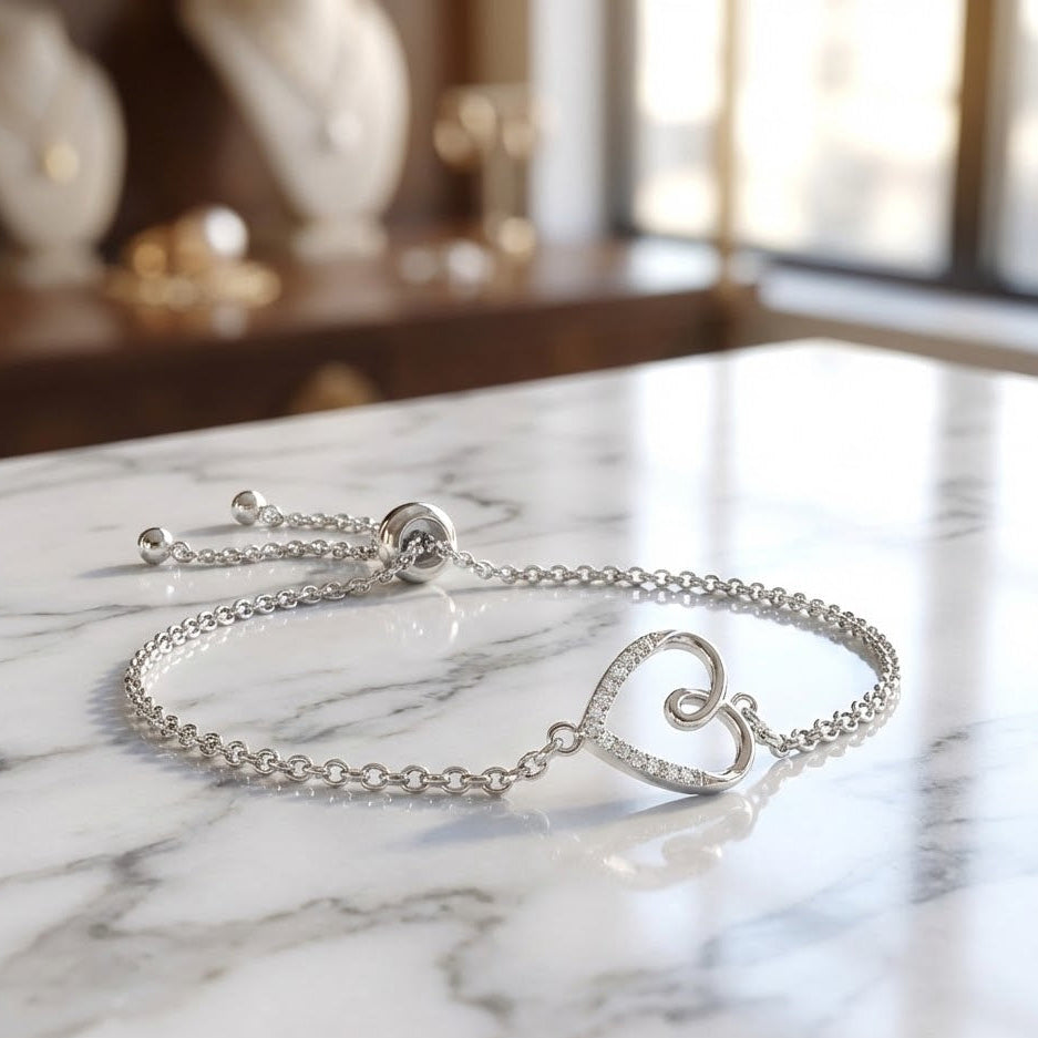 Sideways Heart Diamond Bolo Bracelet Rhodium Plated 925 Silver Adjustable 9.5in