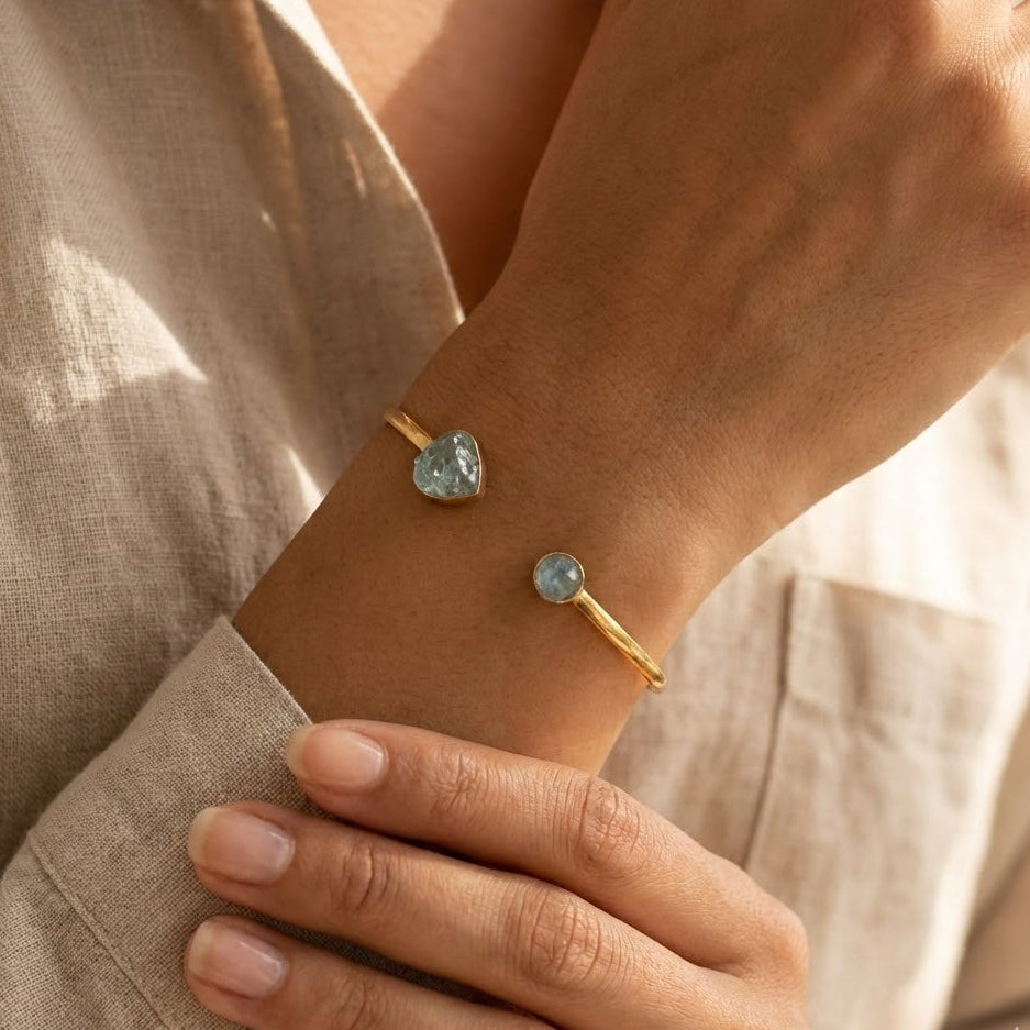 14 Karat Gold Plated Sterling Silver Cuff Bracelet with Rough Cut Aquamarine Stones, 3.3mm Wide, Dual Stone Design 8mm and 13x12mm