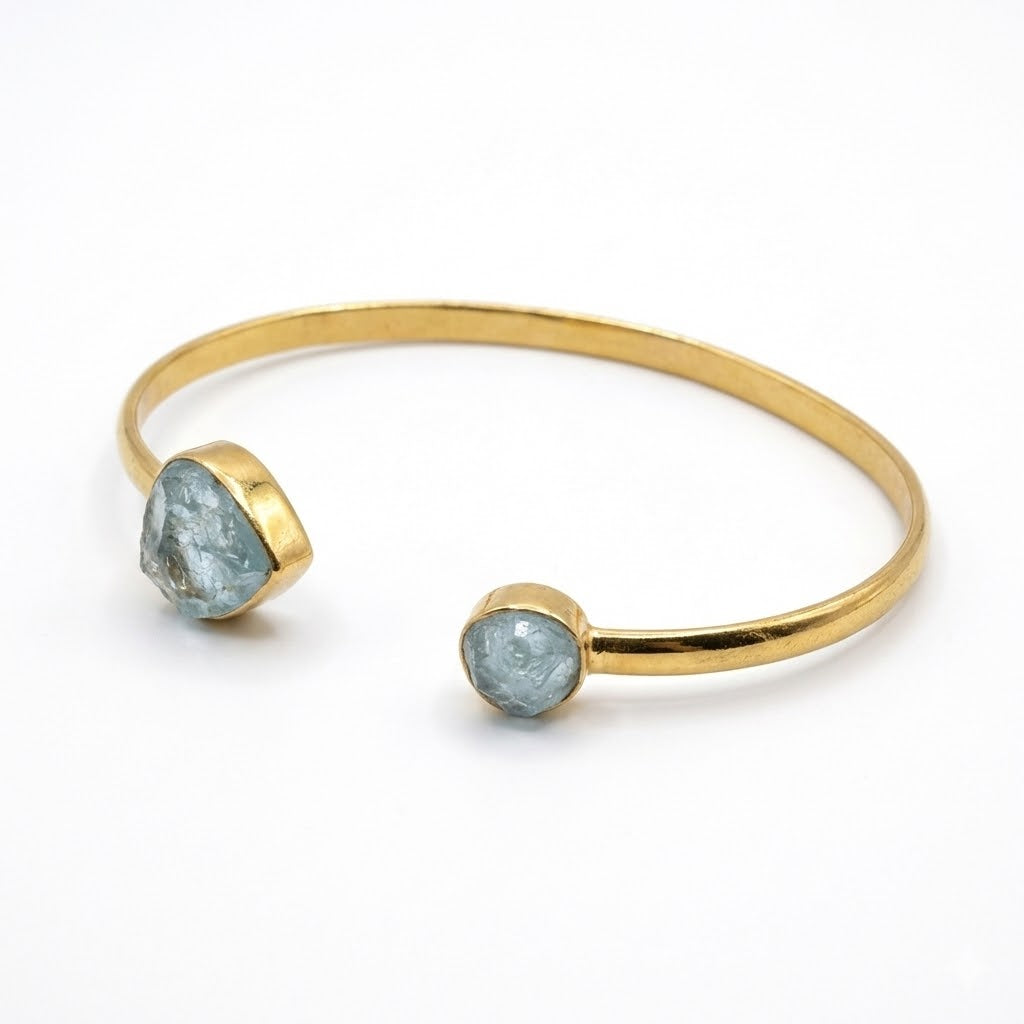 14 Karat Gold Plated Sterling Silver Cuff Bracelet with Rough Cut Aquamarine Stones, 3.3mm Wide, Dual Stone Design 8mm and 13x12mm