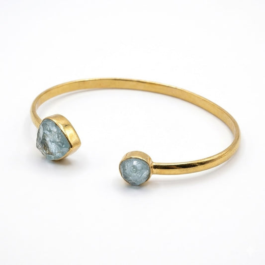 14 Karat Gold Plated Sterling Silver Cuff Bracelet with Rough Cut Aquamarine Stones, 3.3mm Wide, Dual Stone Design 8mm and 13x12mm