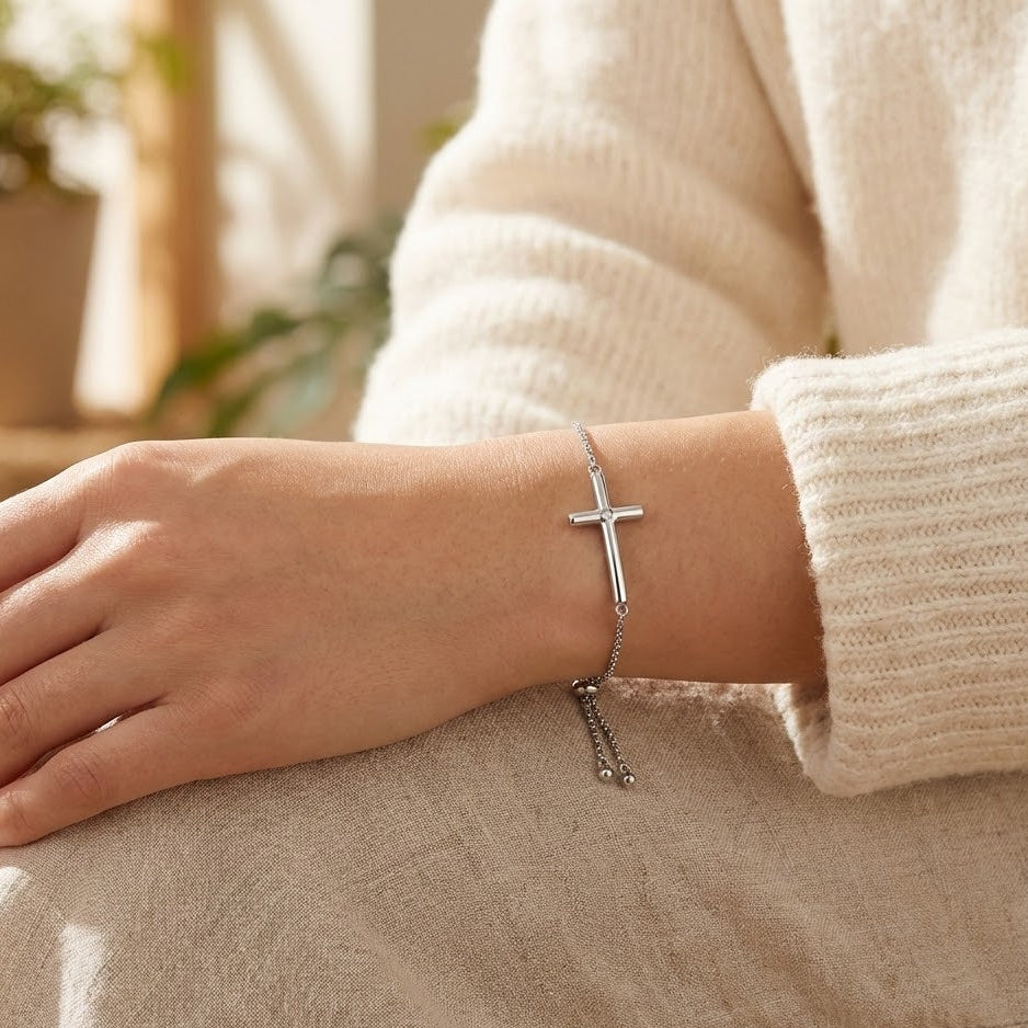 Sideways Cross Diamond Bolo Bracelet Rhodium Plated 925 Silver Adjustable 9.5in