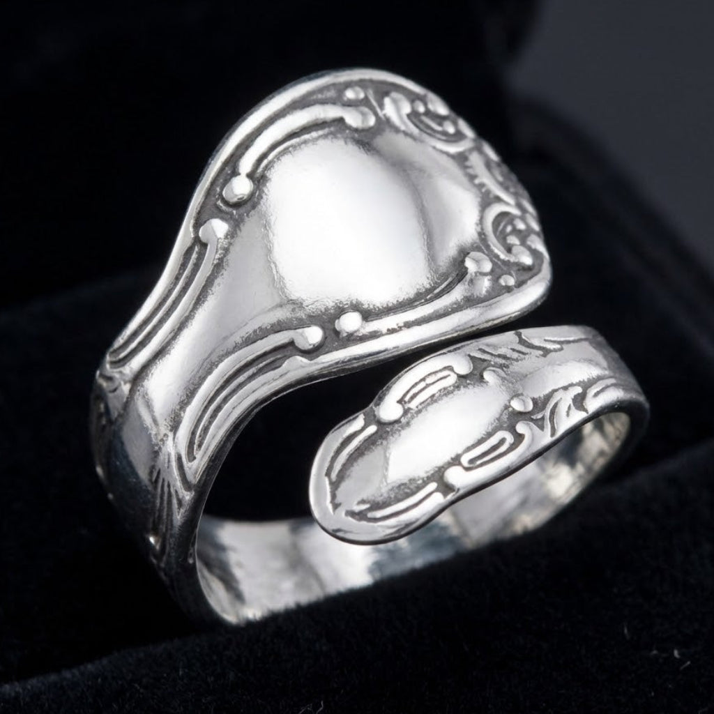 Vintage Oxidized Spoon Ring | Adjustable 925 Sterling Silver Floral Pattern Ring