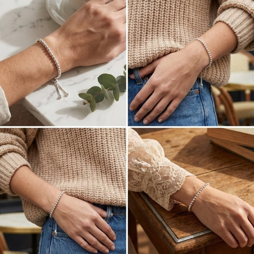 Sterling Silver Rhodium Plated Round Bead Bolo Bracelet, Box Chain, Adjustable to 9.5 Inches, Made in Italy