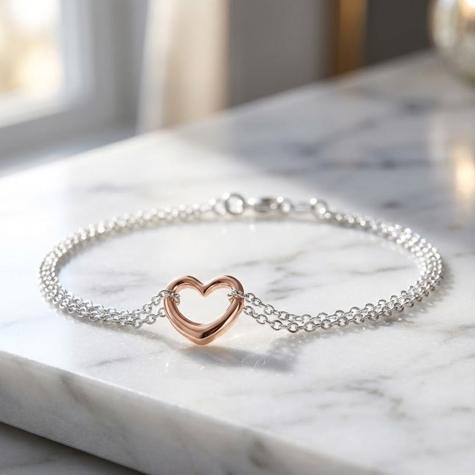Two Tone Double Strand Open Heart Bracelet Rose Gold 925 Silver Italy 7.5in