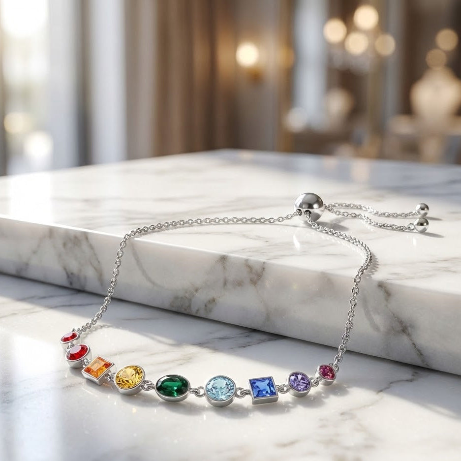 Swarovski Crystal Rainbow Bolo Bracelet Rhodium Plated 925 Silver Adjustable