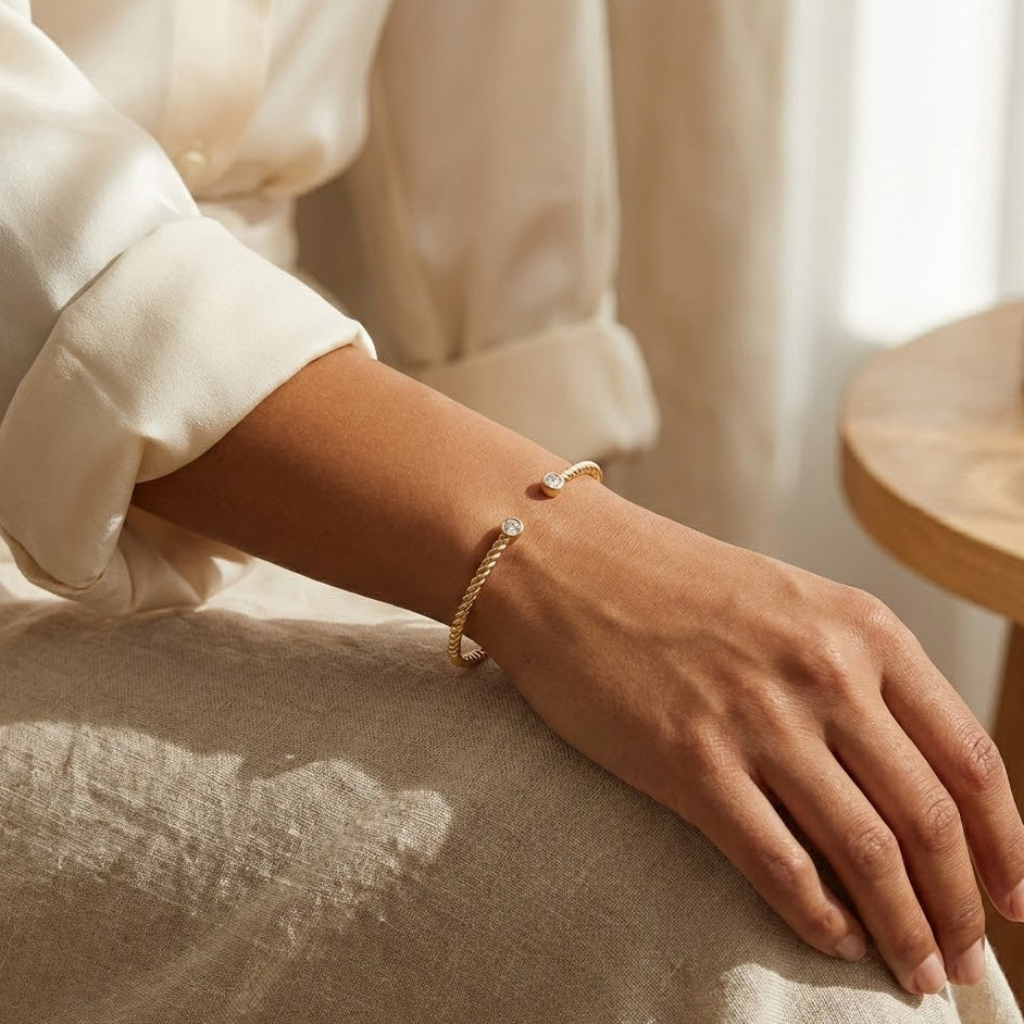 Luxe Twisted Cable Cuff - 14K Gold Plated Sterling Silver with CZ