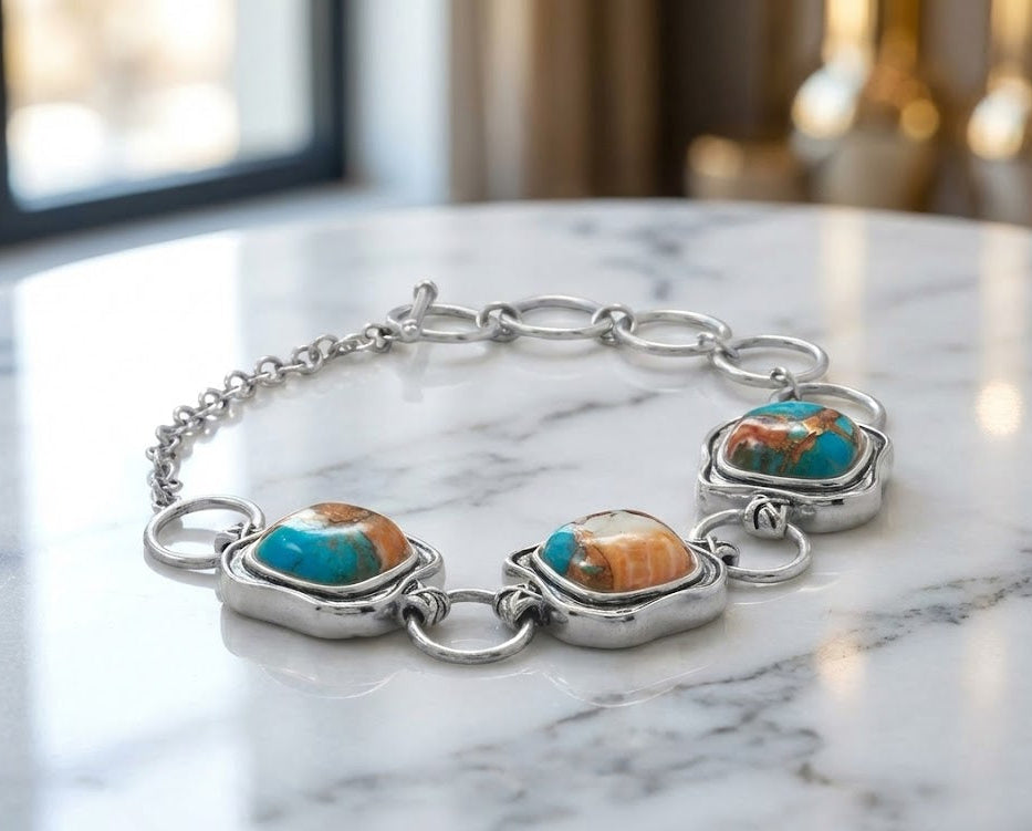 Spiny Oyster Turquoise Toggle Bracelet 925 Silver Cushion Cut 13mm 6.5-8.5in