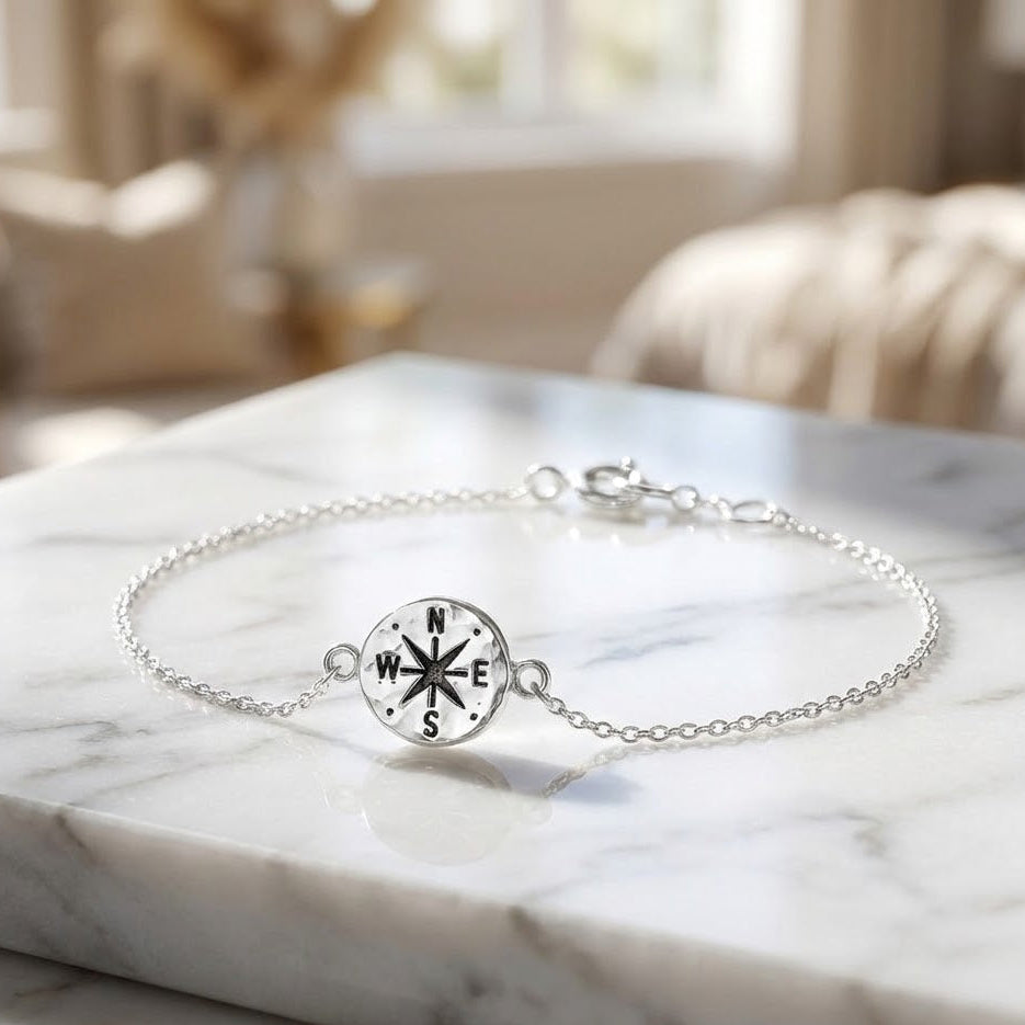 Sterling Silver Hammered Compass Bracelet, 7.5 Inch Length, 10.5mm Disk Diameter, Spring Ring Closure