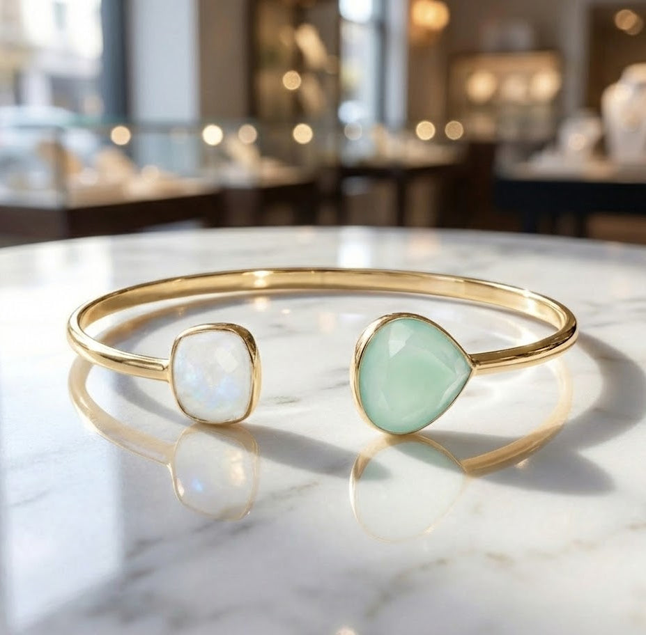Rainbow Moonstone Green Chalcedony Split Cuff 14K Gold Plated 925 Silver 3mm