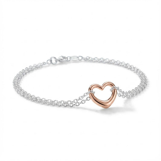 Two Tone Double Strand Open Heart Bracelet Rose Gold 925 Silver Italy 7.5in