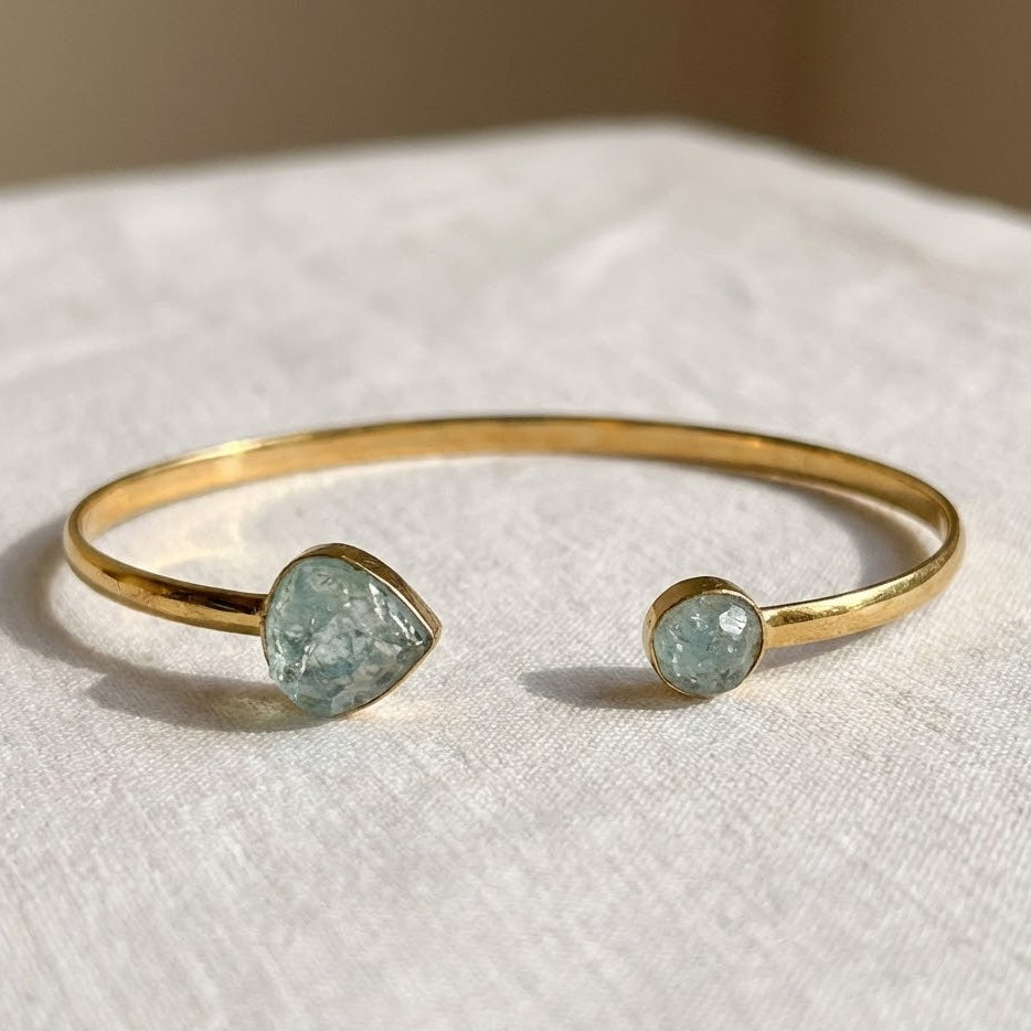 14 Karat Gold Plated Sterling Silver Cuff Bracelet with Rough Cut Aquamarine Stones, 3.3mm Wide, Dual Stone Design 8mm and 13x12mm