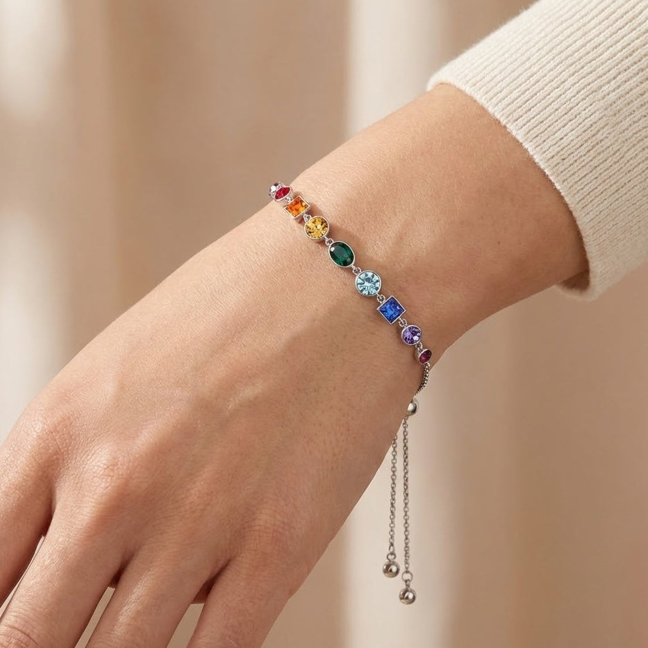 Swarovski Crystal Rainbow Bolo Bracelet Rhodium Plated 925 Silver Adjustable
