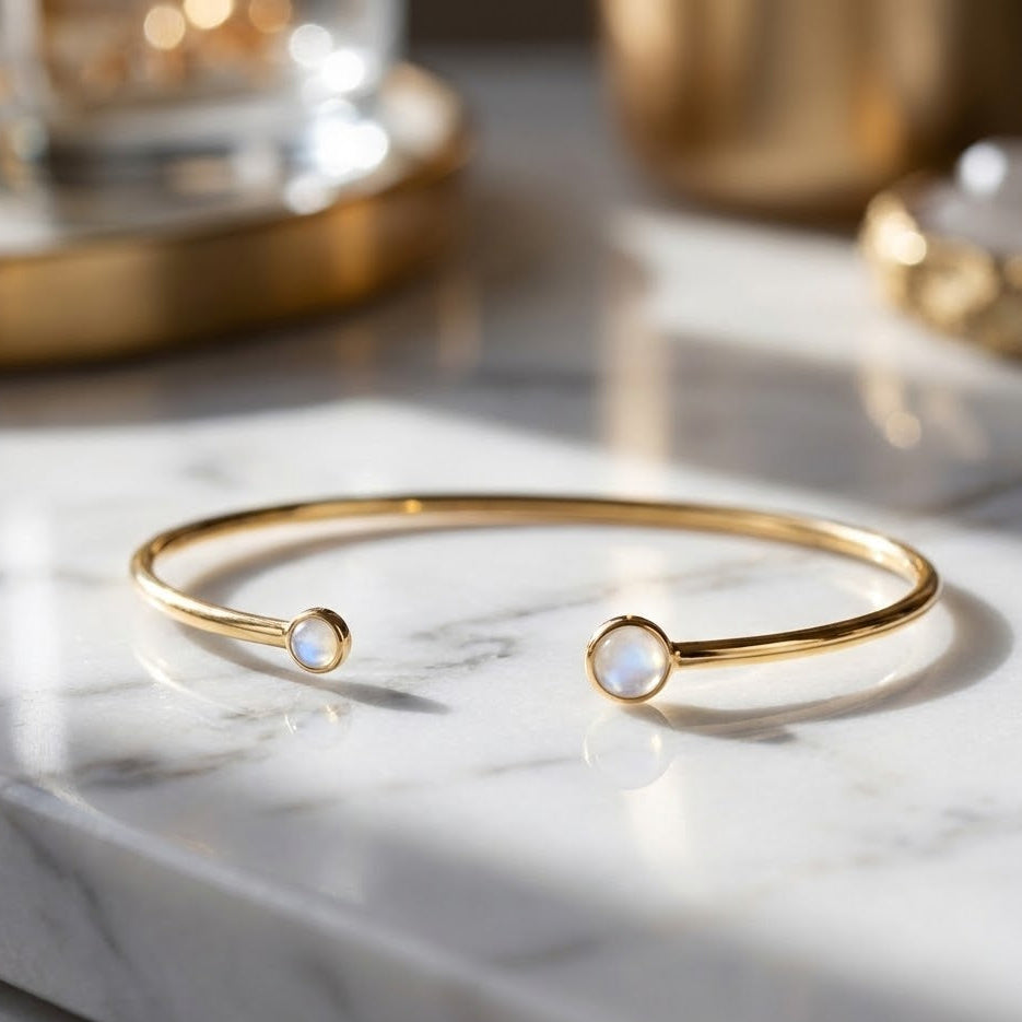 Rainbow Moonstone Open Cuff Bracelet 14K Gold Plated 925 Silver 4mm 5mm 60mm