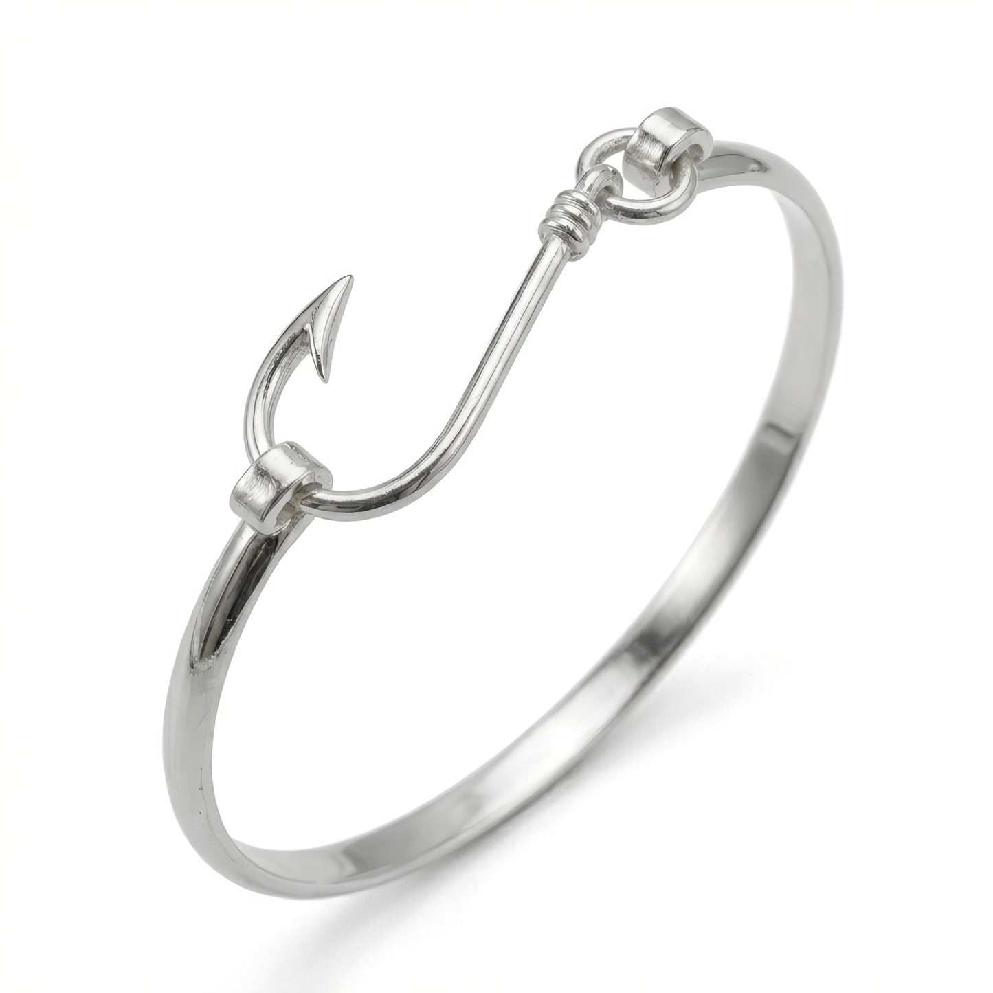 Fish Hook Bangle Bracelet - Sterling Silver Rhodium Plated Nautical
