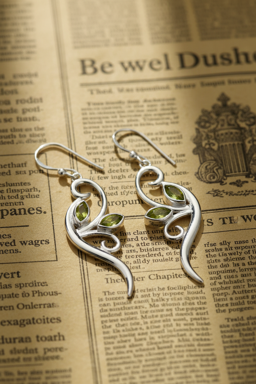 Verdant vine peridot earrings on vintage newspaper