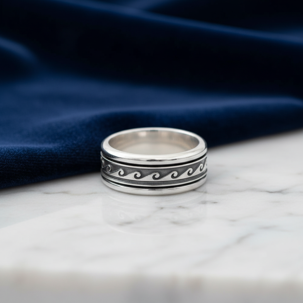 Wave pattern spinner ring with elegant background