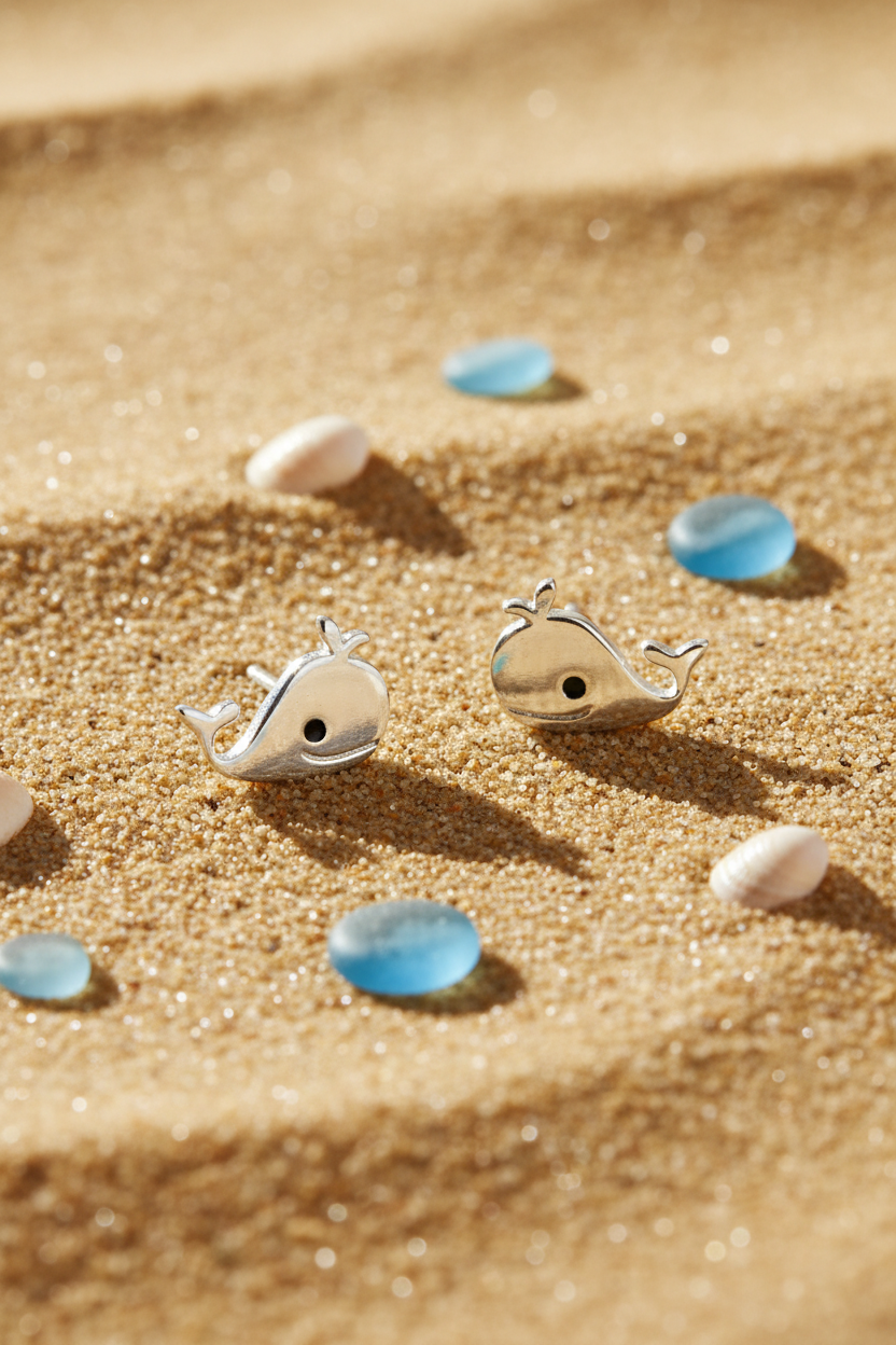 Whale studs on smooth beach sand