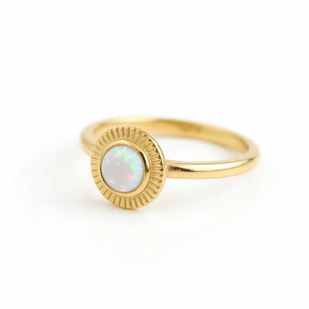 White Opal Fluted Border Gold Ring Angled White Background HD