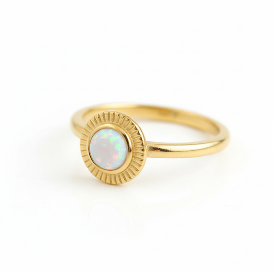 White Opal Fluted Border Gold Ring Angled White Background HD