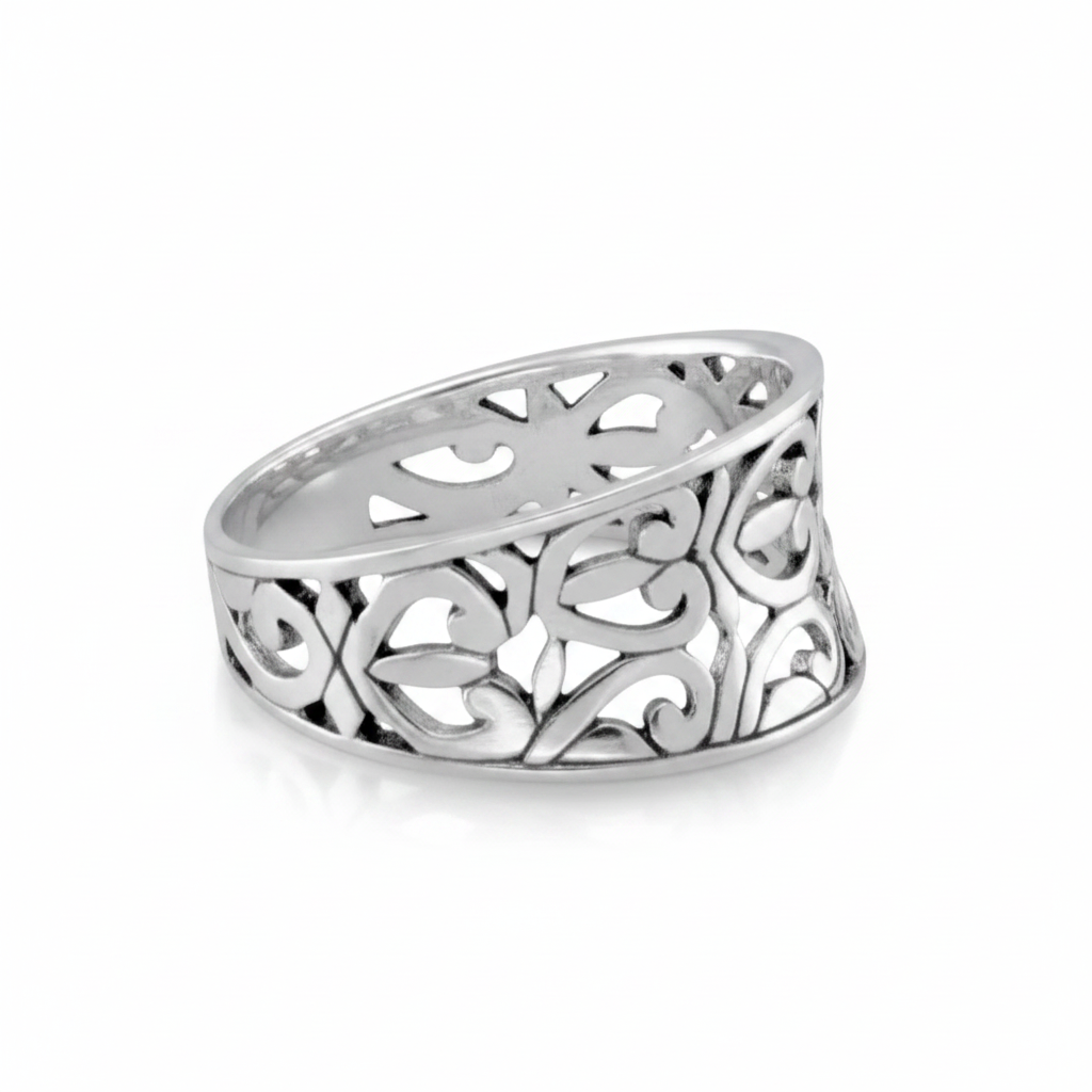 Wide Band Filigree Openwork Concave Saddle Silver Ring Side Angle Pure White Background Tilted Reflection 1x1