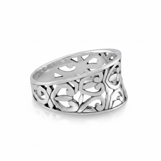 Wide Band Filigree Openwork Concave Saddle Silver Ring Side Angle Pure White Background Tilted Reflection 1x1