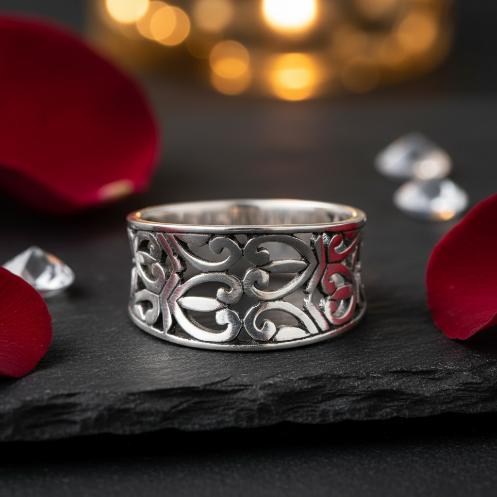 Wide Band Filigree Openwork Silver Ring Beautiful Warm Golden Bokeh Atmospheric Lighting Dark Marble 1x1