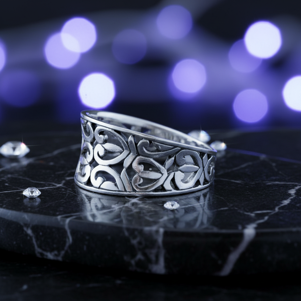 Wide Band Filigree Openwork Silver Ring Side Angle Purple Blue Bokeh Atmospheric Lighting Dark Marble 1x1