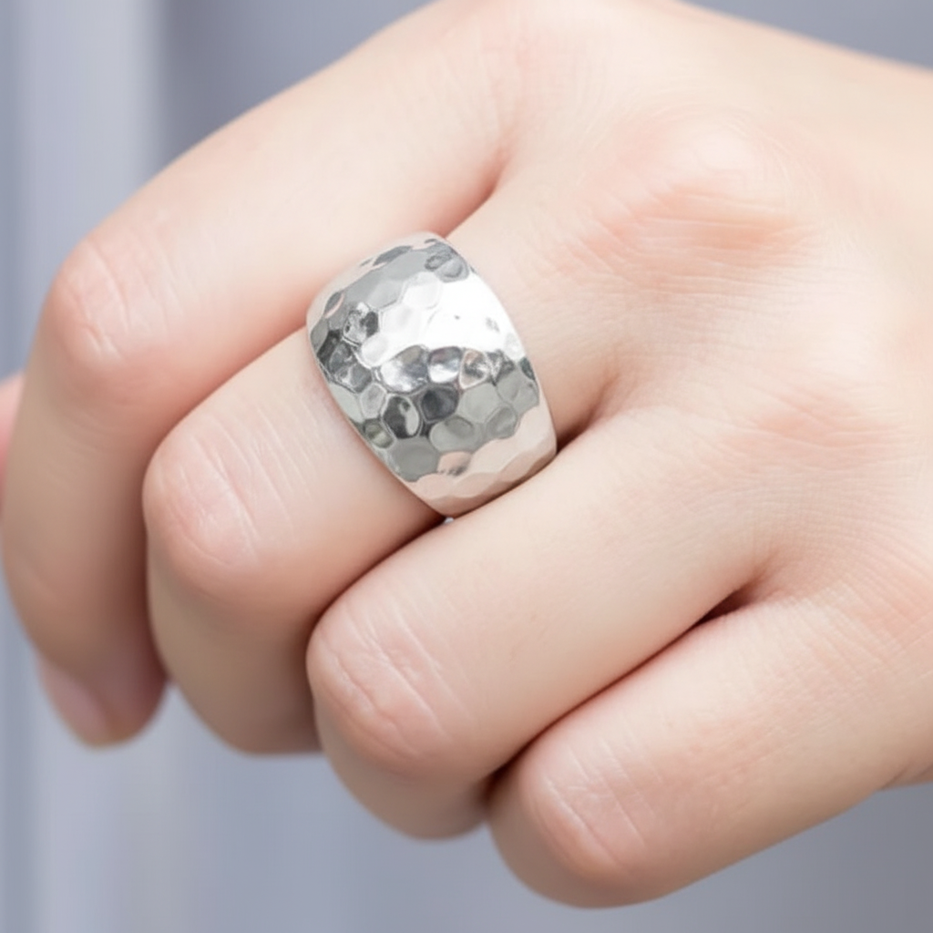 Wide Dome Hammered Bold Statement Ring Sterling Silver Elegant Model Fist Pose Studio Background Sharp Clear 1x1