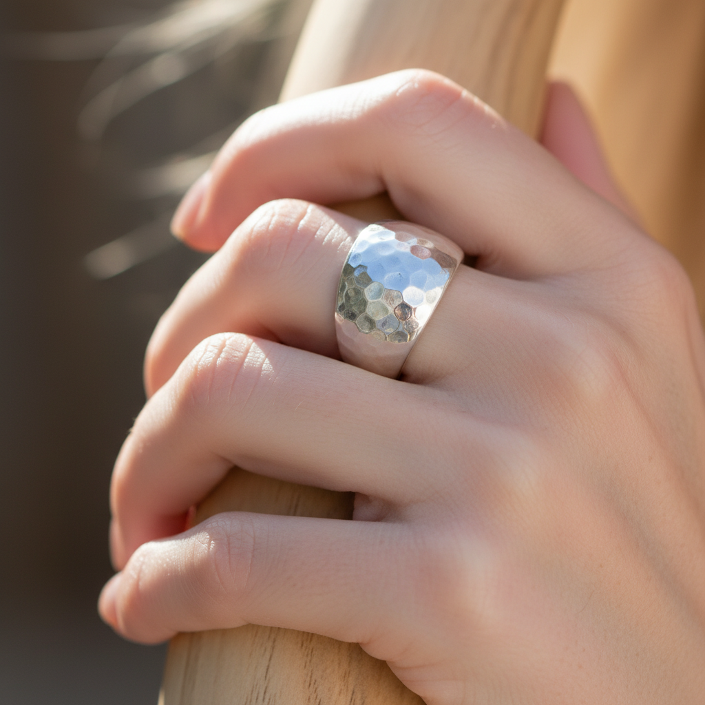 Wide Dome Hammered Bold Statement Ring Sterling Silver Female Model Hand Clear Sharp Warm Outdoor Lifestyle 1x1