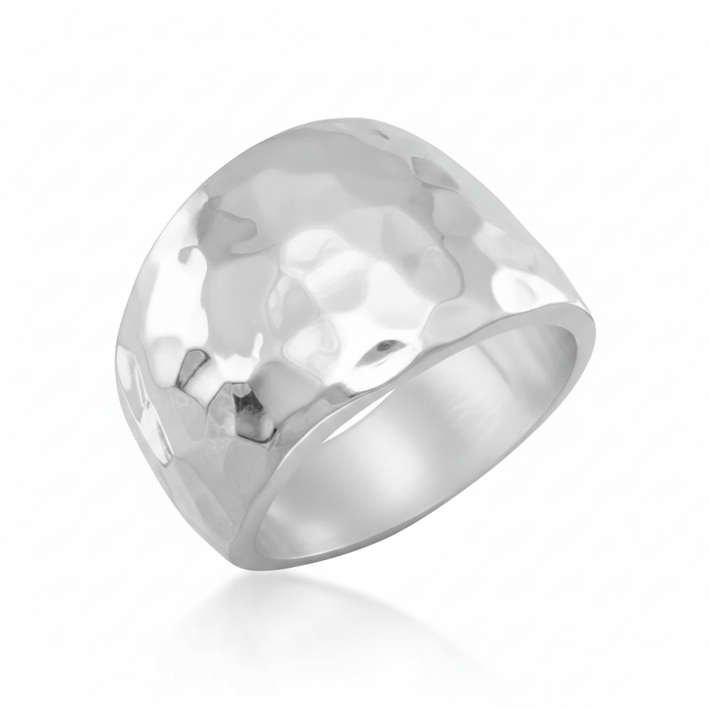 Wide Dome Hammered Bold Statement Ring Sterling Silver Pure White Background Tilted Reflection 1x1