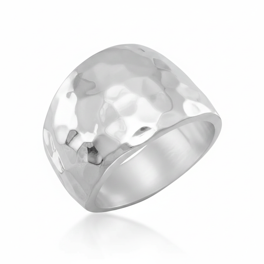 Wide Dome Hammered Bold Statement Ring Sterling Silver Pure White Background Tilted Reflection 1x1