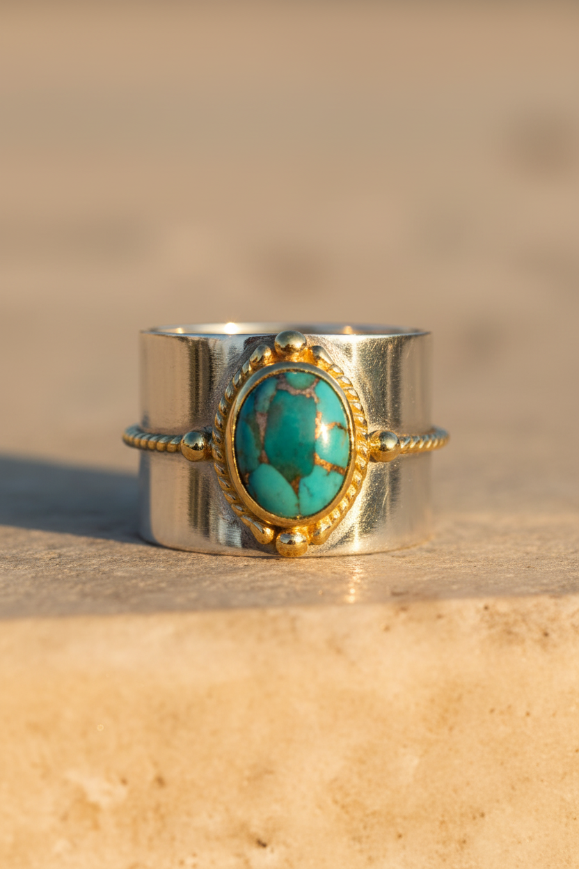 Wide Flat Band Mirror Polish Two-Tone Copper Turquoise Ring Sunlight Background