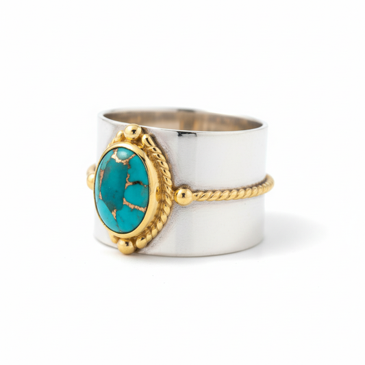 Wide Flat Band Mirror Polish Two-Tone Copper Turquoise Ring Tilted White Background 1x1