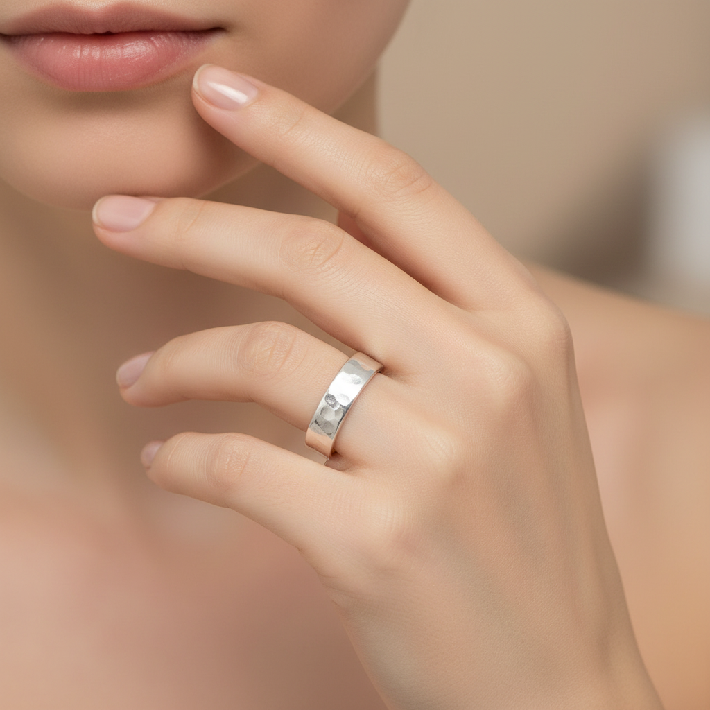 Wide Flat Hammered Band Ring Sterling Silver Elegant Female Model Hand Nude Nails Warm Bokeh Lifestyle 1:1