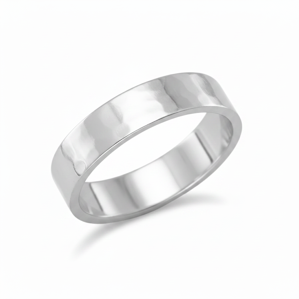 Wide Flat Subtle Hammered Band Ring Sterling Silver 45 Degree Diagonal Angle Pure White Background 1x1