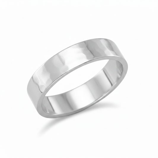 Wide Flat Subtle Hammered Band Ring Sterling Silver 45 Degree Diagonal Angle Pure White Background 1x1