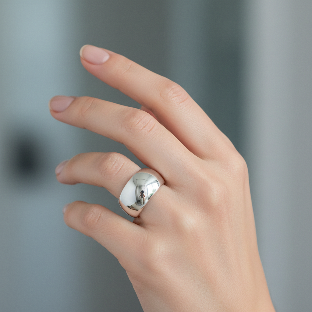 Wide Tapered Polished Dome Ring Sterling Silver Elegant Female Model Hand Nude Nails Cool Bokeh Lifestyle 1x1