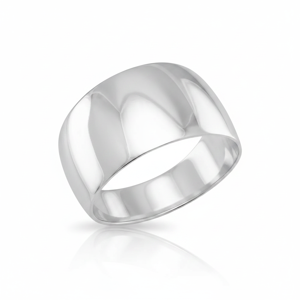 Wide Tapered Polished Dome Ring Sterling Silver Supplier Reference Pure White Background Tilted Reflection 1x1