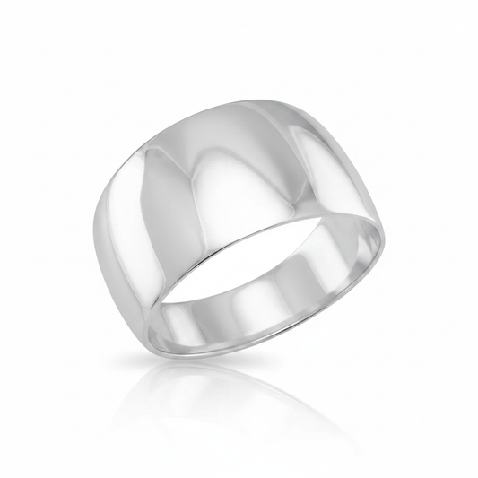 Wide Tapered Polished Dome Ring Sterling Silver Supplier Reference Pure White Background Tilted Reflection 1x1