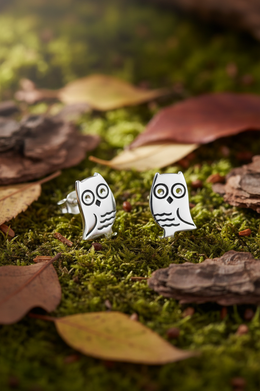 Wise owl studs on forest floor