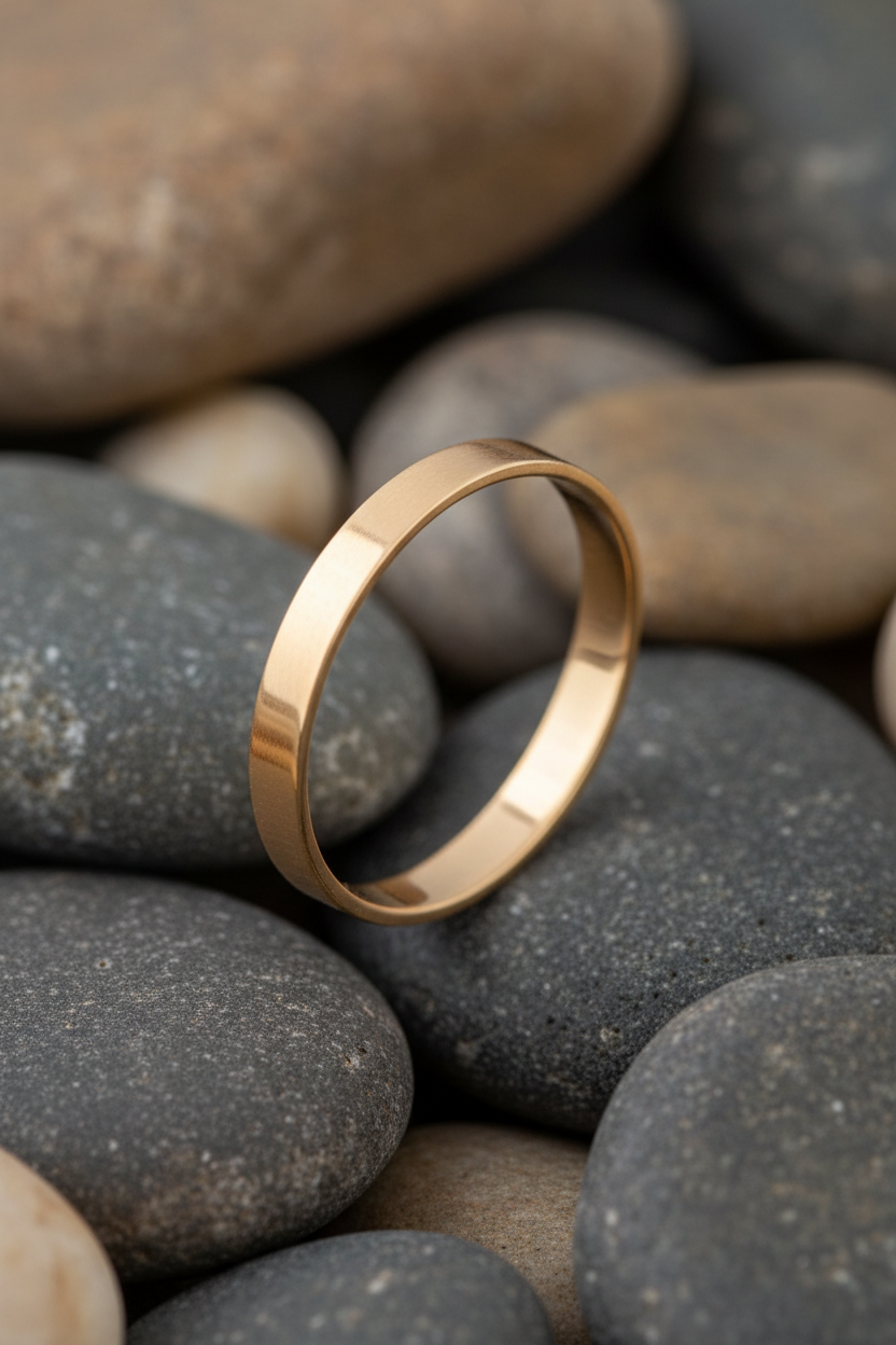Yellow Gold Flat Band Ring on Rock Background